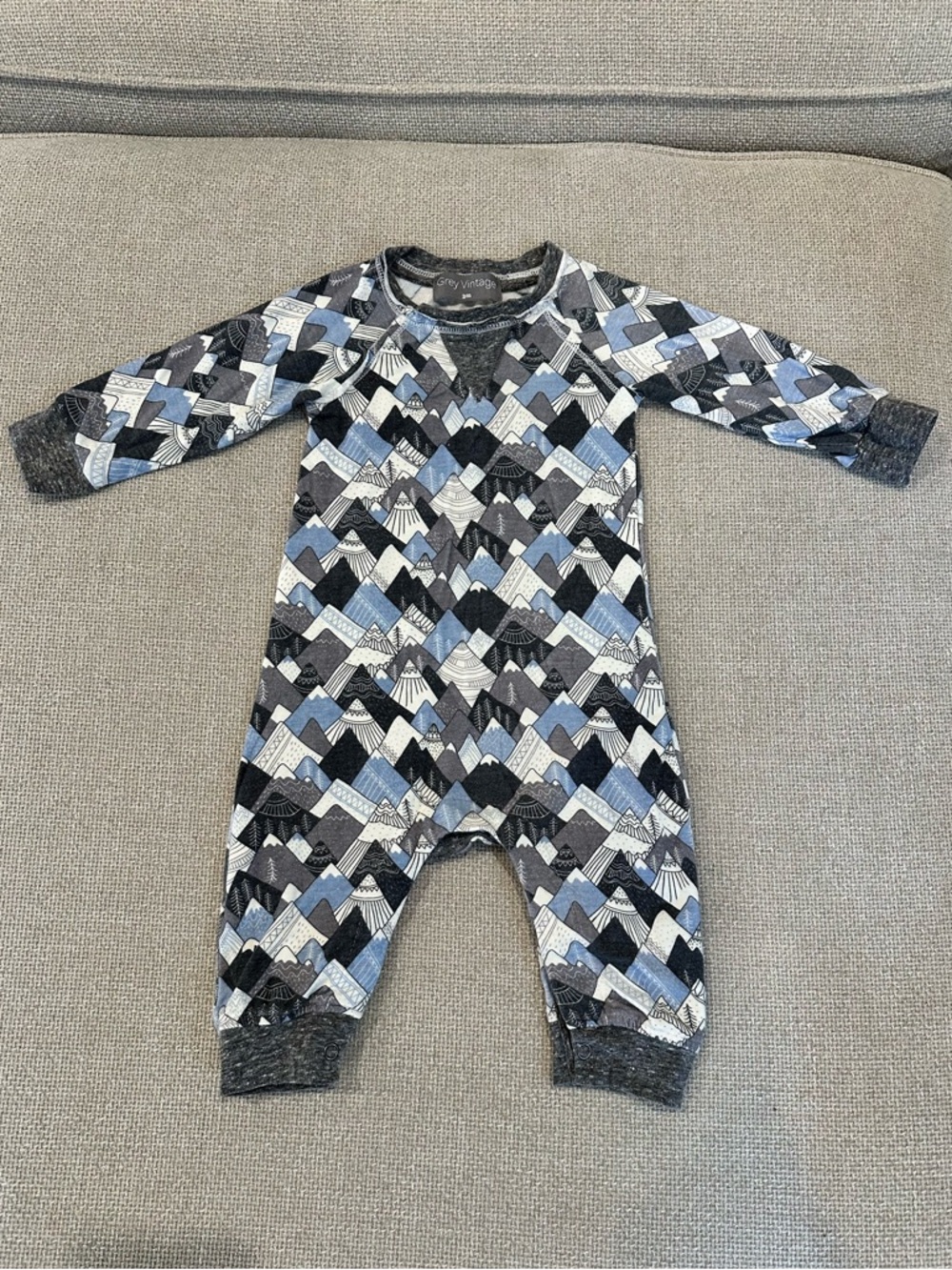 Grey Vintage Baby Onesie Coverall Footie Mountain Print Size 3 months
